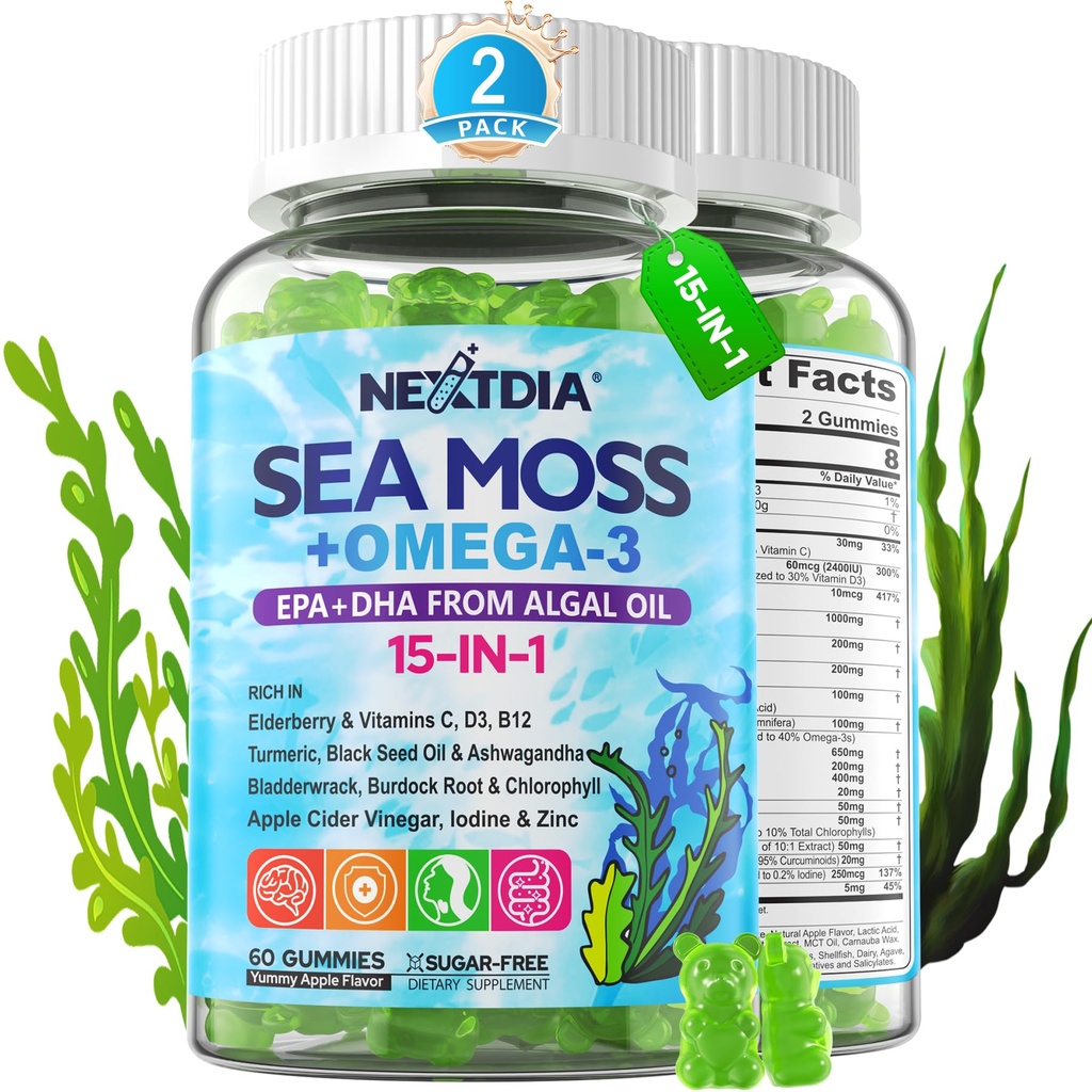 Morské machy Gummies + Algae Omega-3 pre dospelých, 15-IN-1 Organic Irish Sea Moss Superfood with/Vitamins C D3 B12, Turmerica, Bladderwrack, Supports Energy, Mozog, Immune, Daily Vitality, Bez cukru, 120 Cts