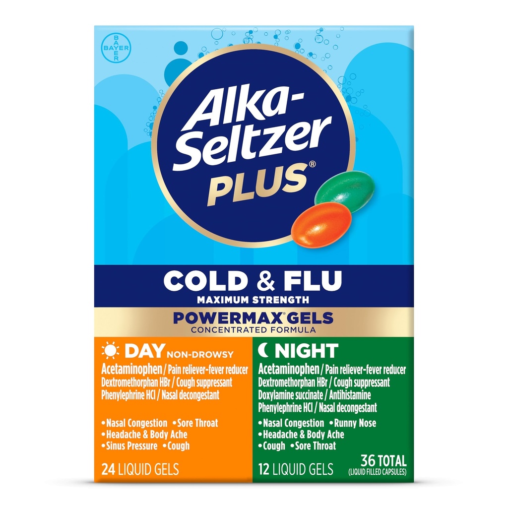 Alka-Seltzer Plus Power Max Cold & Flu Day+Night Medicine: Kašeľ Potláčač, Cold and Flu Medicine Pre dospelých a deti 12 Roky a staršie, 36 Počet, Balenie May Vary