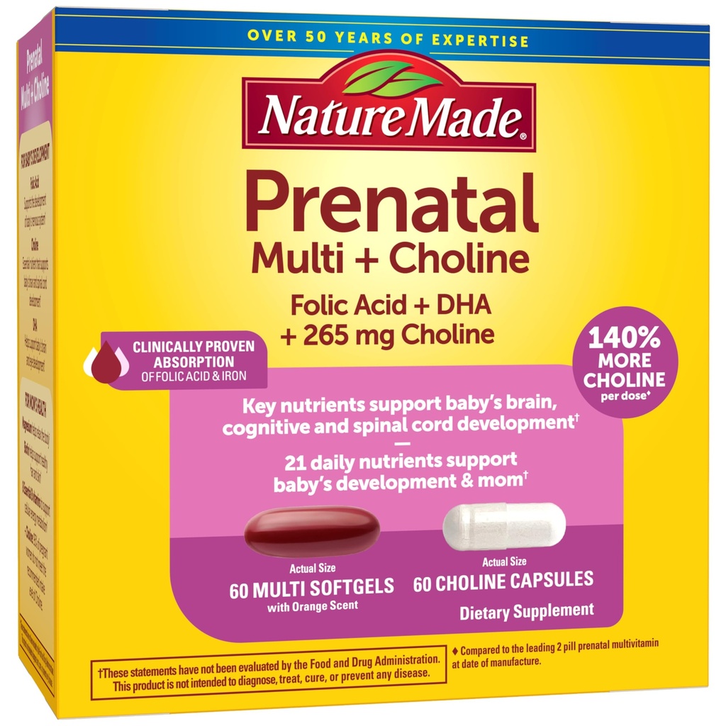 Nature Made Prenatal Vitamin Softgels + Choline Kapsule, Kyselina listová + DHA + Cholín, 60 Prenatálne vitamíny pre ženy, 60 Choline Doplnky kapsuly, 60 dní