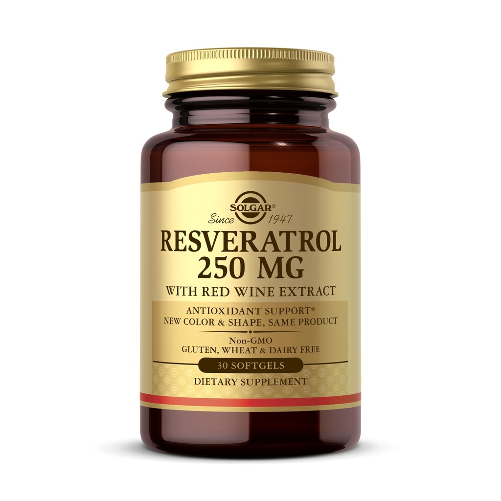 Solgar Resveratrol 250 mg s červeným vínom extrakt - 30 Softgels - Antioxidačná podpora - Non-GMO, bezlepkové, bez Mliečne - 30 porcií