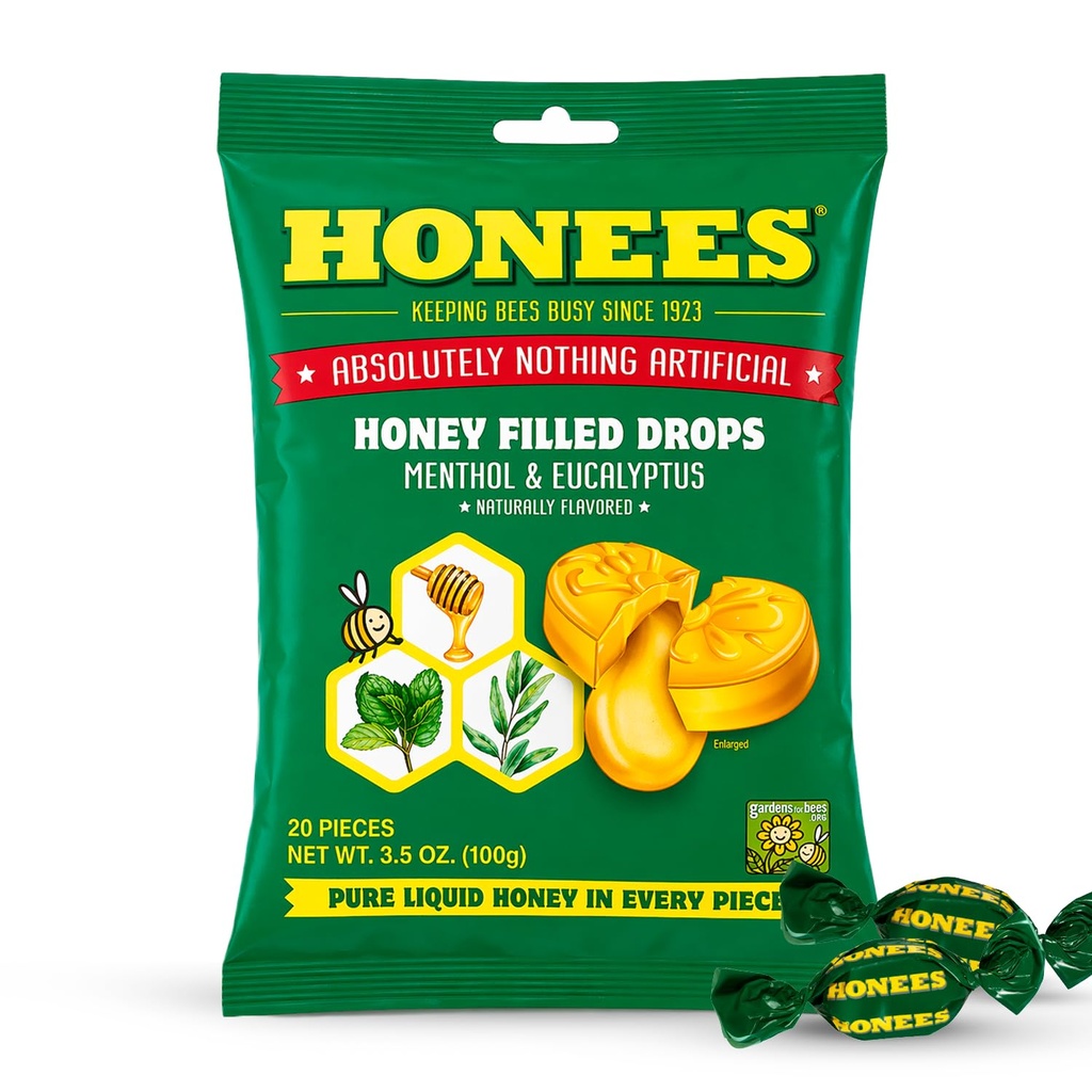 Honey Honey Menthol Cough Drops - 20-Piece, Single Pack Honey-vyholené Lozenges 