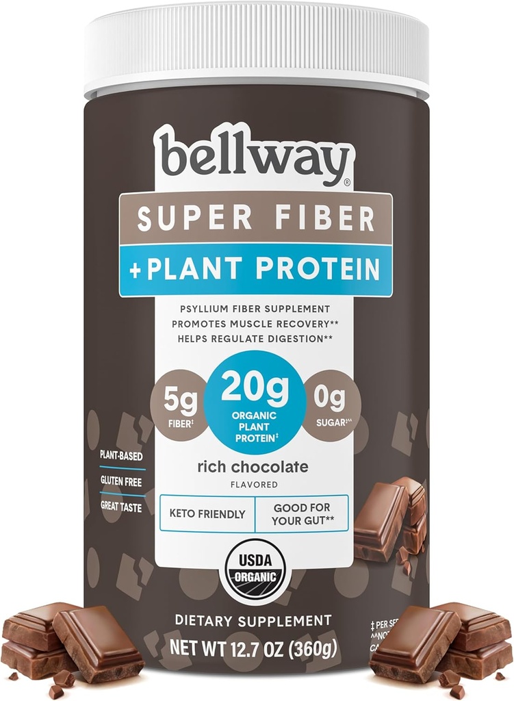 Bellway Super Fiber + Proteín prášok, bez cukru organické Psyllium Husk Fiber Supplement Powder with 20g Plant Protein Per Serving, Rich Chocolate, 12.7 oz