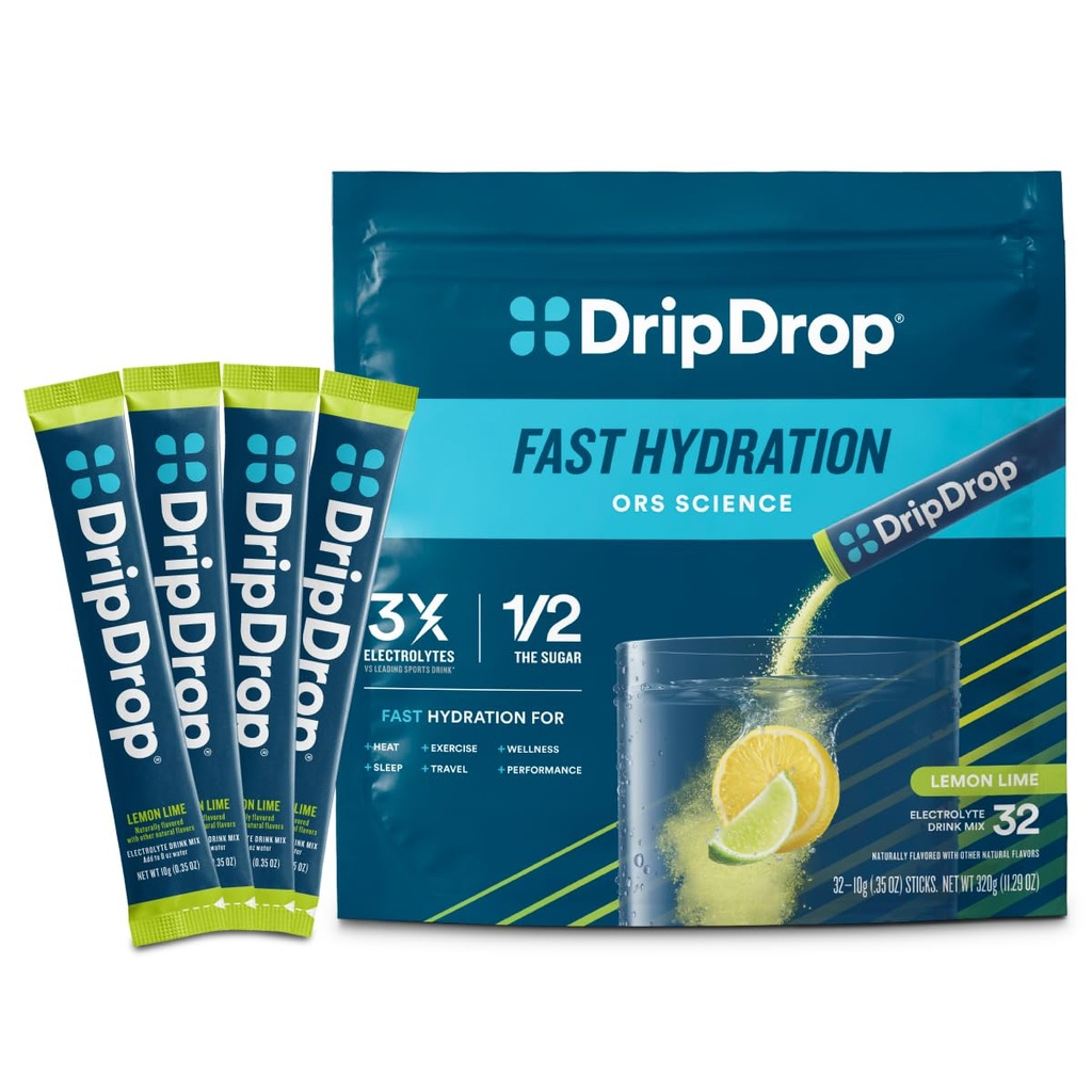 Hydratačné balíčky DripDrop - Lemon Lime - Powder Drink Single Serve Electrolytes Mix - Non-GMO, Gluten Free, Vegan - 32 Sticks