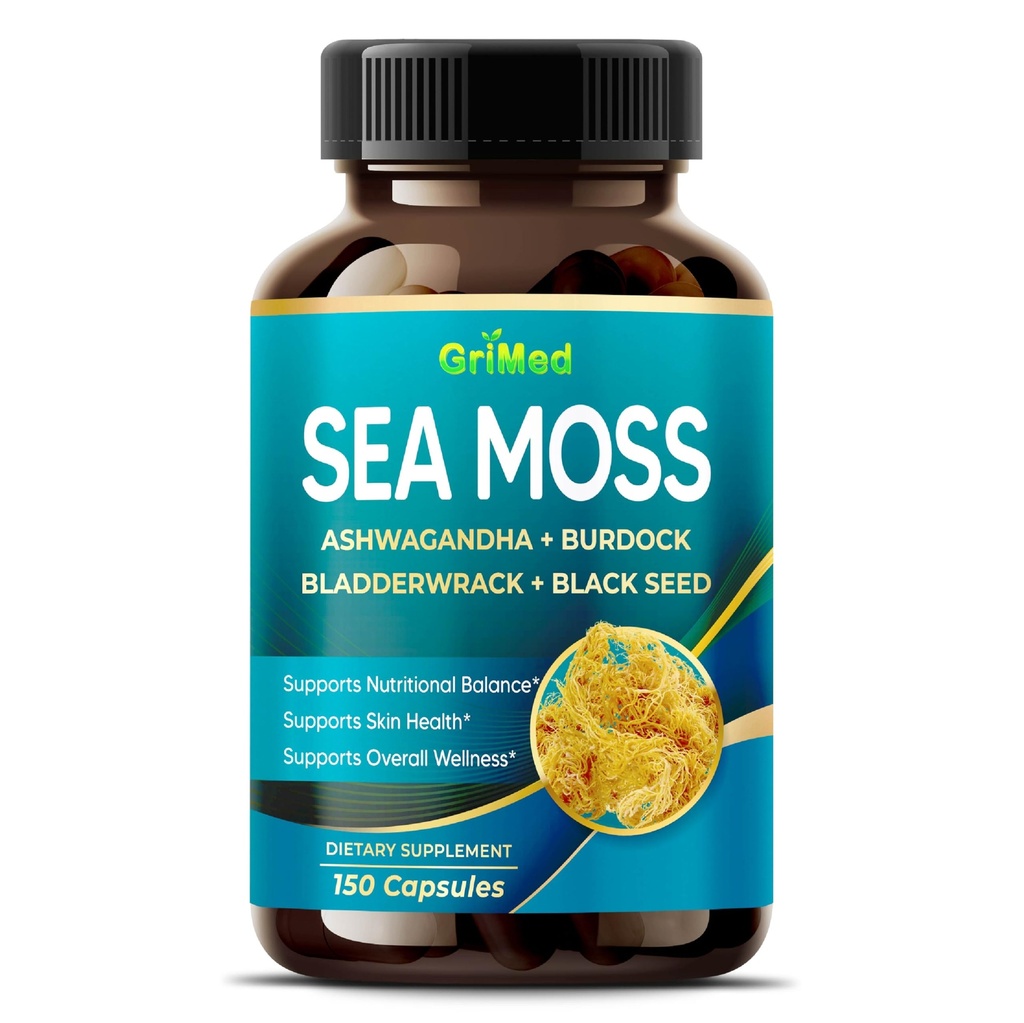 Premium Sea Moss with Ashwagandha, Burdock Bladderwrack, Black Seed for Immune System, Skin, Trvanlivosť & Energy- Made in The USA (150 Počet (Pack of 1))