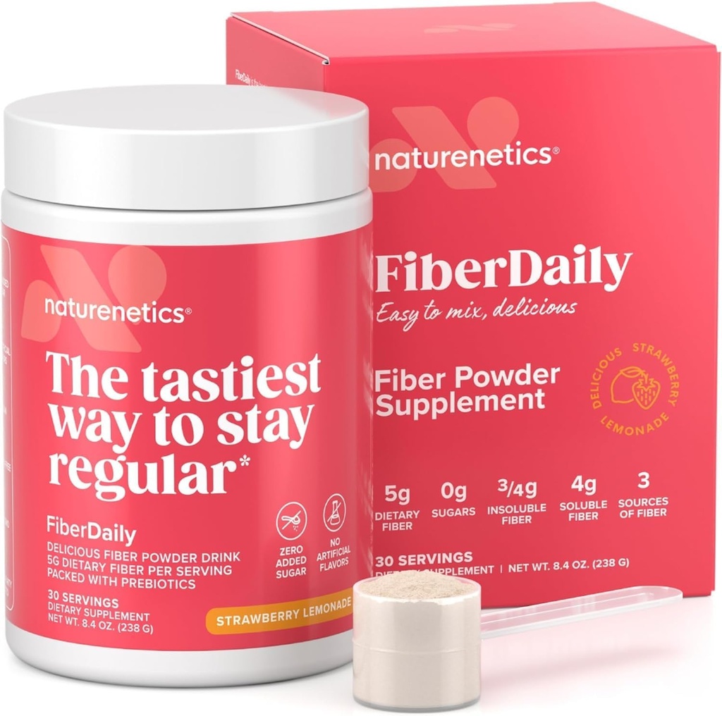 FiberDaily Delicious Fiber Powder - Organické Psyllium Husk, Agave Inulin & Sunfiber® Guar Gum Strawberry Lemonade Drink, bez cukru, Rozpustné Fiber, Prebiotické Fiber Supplement, Vegan, 30 Servings