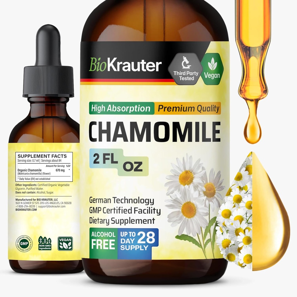 BIO KRAUTER harmančekové kvety Tinktúra - harmančekový extrakt - obsahuje apigenin - doplnok pre podporu relaxácie a pokoja - Alkohol a cukor bez - Vegan kvapky 2 Fl.Oz.