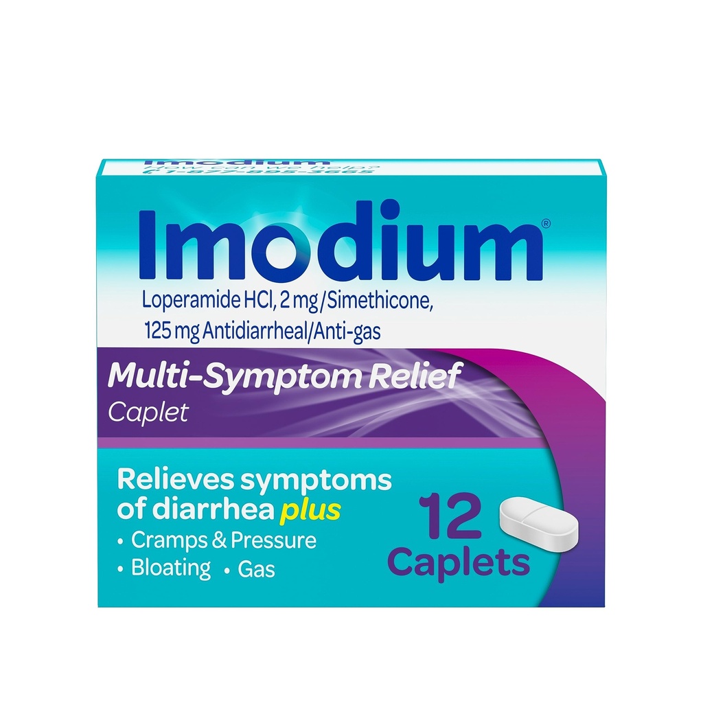 Imodium Multi- Symptom Relief Caplets, Loperamide Hydrochloride & Simeticone Anti- Diareale Medicine for Relief of Diarea, Gas, Bloating, Cramps & Pressure, HSA/FSA Aliable, 12 ot