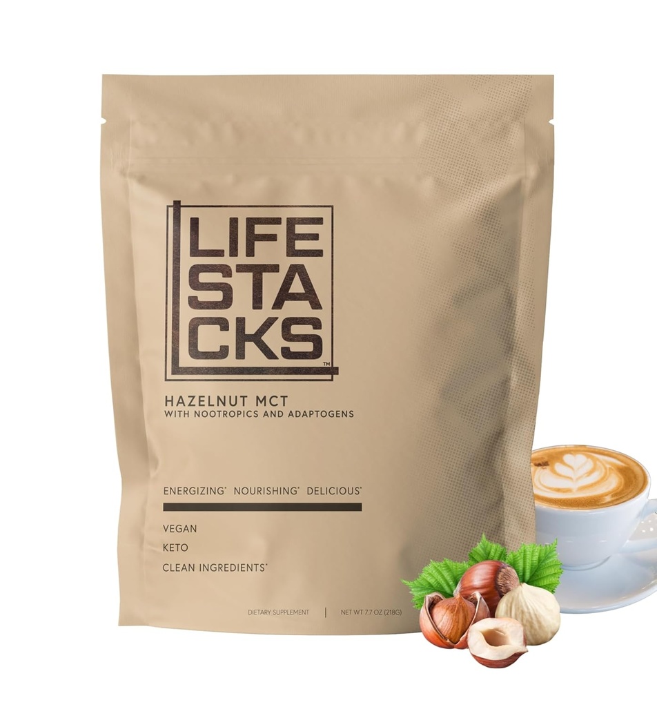 Hazelnut MCT olej prášok na zvýšenie energie a zaostrenie - Nootropics + Adaptogény pre zvýšené skúsenosti s kávou - Keto, Vegan, 0 Cukor - Stacked for Success with Ginseng, Rhodiola, L-Tyrosine