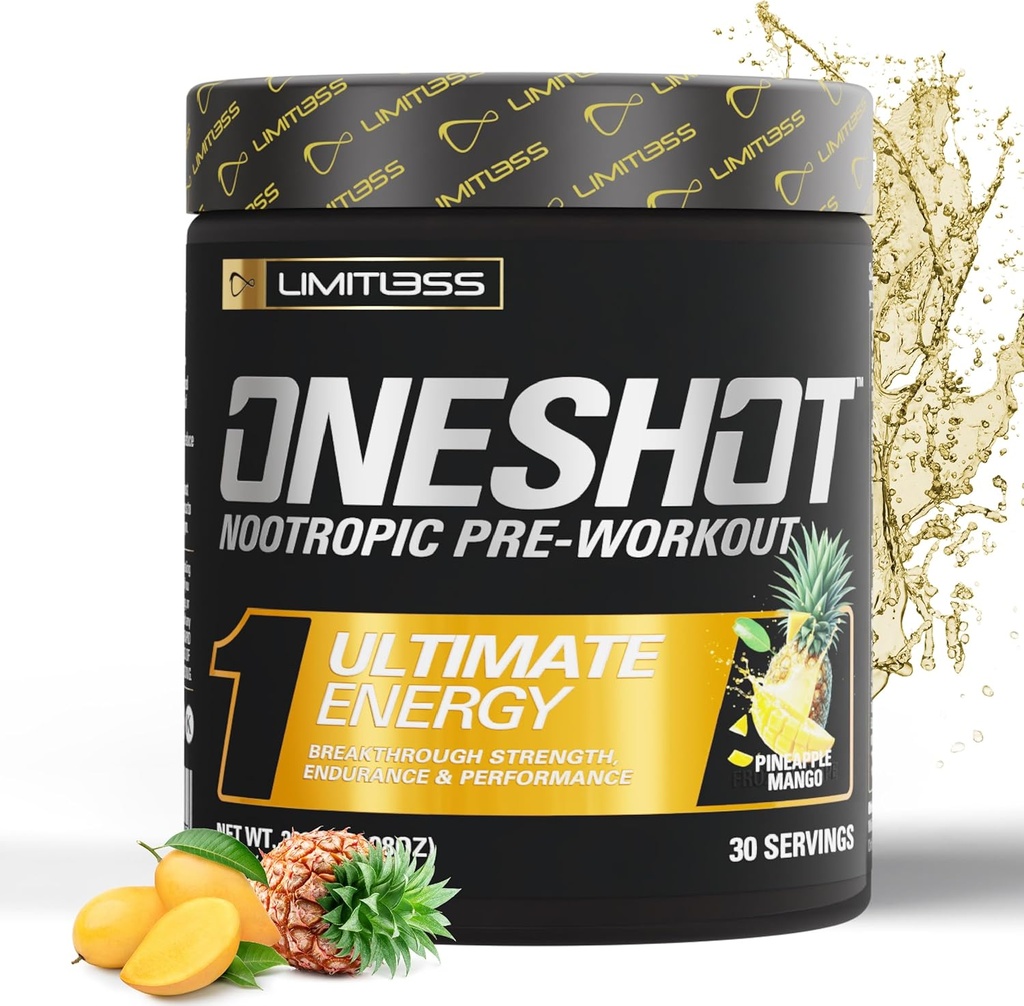 ONESHOT Pre Cvičenie prášok pre mužov a ženy - BCAAS Aminokyseliny doplnok prášok, 200 mg kofeín, Beta Alanyne prášok, Citrulín malate preworkout prášok - Ananás Mango - 30 Serviv