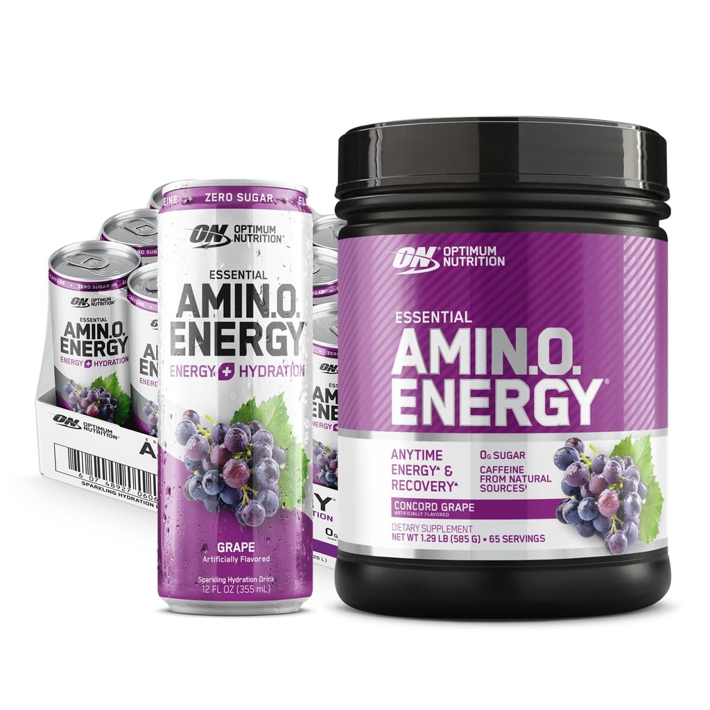 Optimálny výživové Amino Energy Powder: Concord Grape (65 Servings) s esenciálnou Amino Energy Plus Electrolyes Sparkling Drink: Grape (12 plechoviek) - Bundle Pack