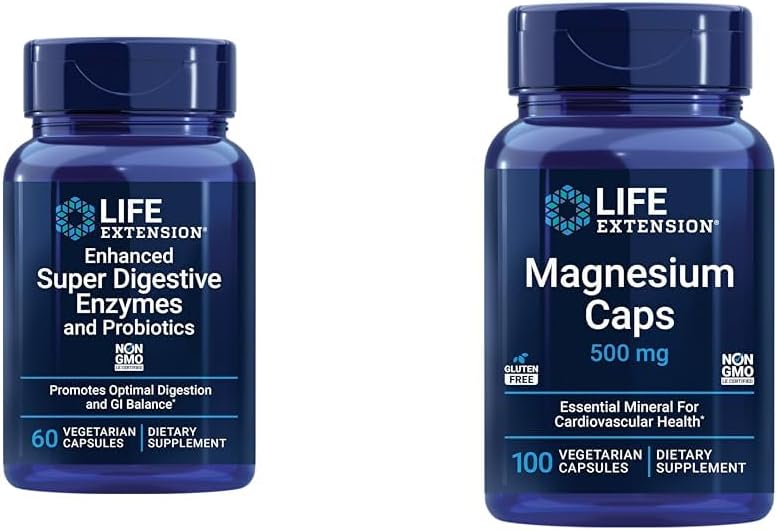 Life Extension 60 Vegetariánske Kapsule Vylepšené Super Digestive Enzymes & Probiotiká a 100 Magnézium Kapsule od Srdce, Kosť, Metabolizmus Podpora