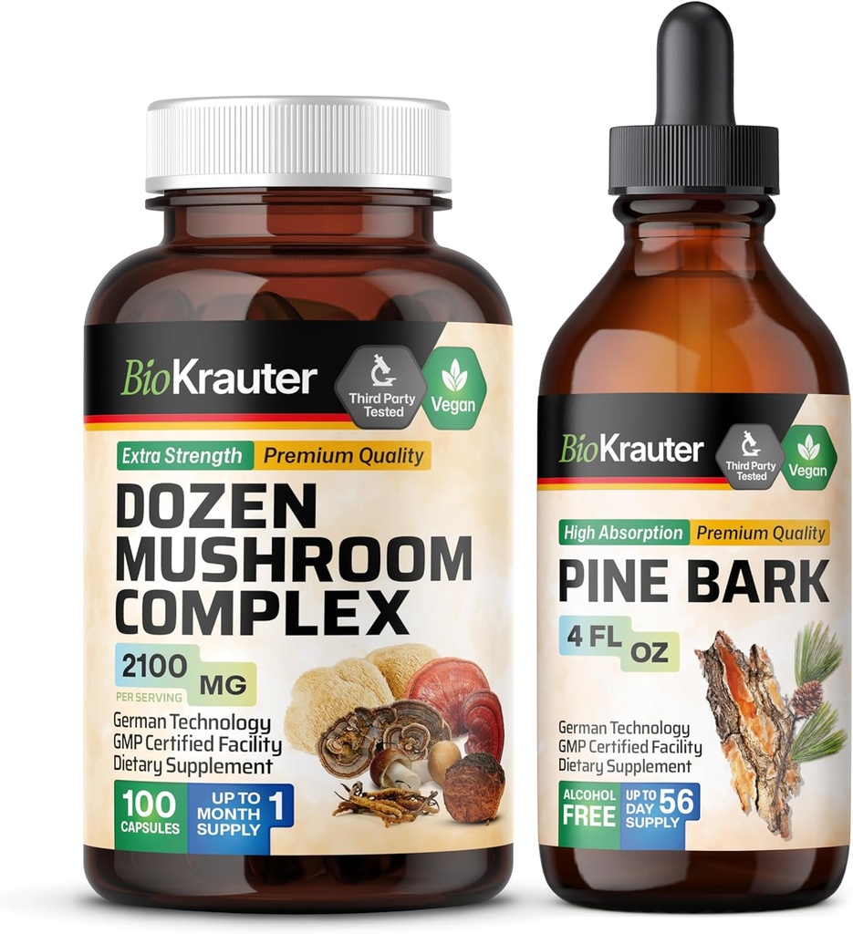 BIO KRAUTER Dozen Mushrom 100 Kapsule & Pine Bark Tinture 4 Fl. Oz.