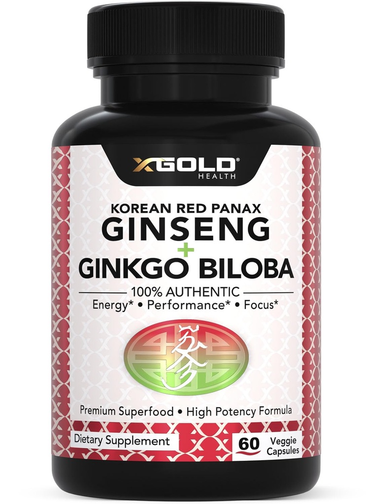 Kórejská červená Panax Ginseng 1200mg + Ginkgo Biloba - Extra sila Root Extract Powder Supplement w/High Ginsenosides Vegan Kapsule od Energy, Performance & Focus - Supplement for Men & Women