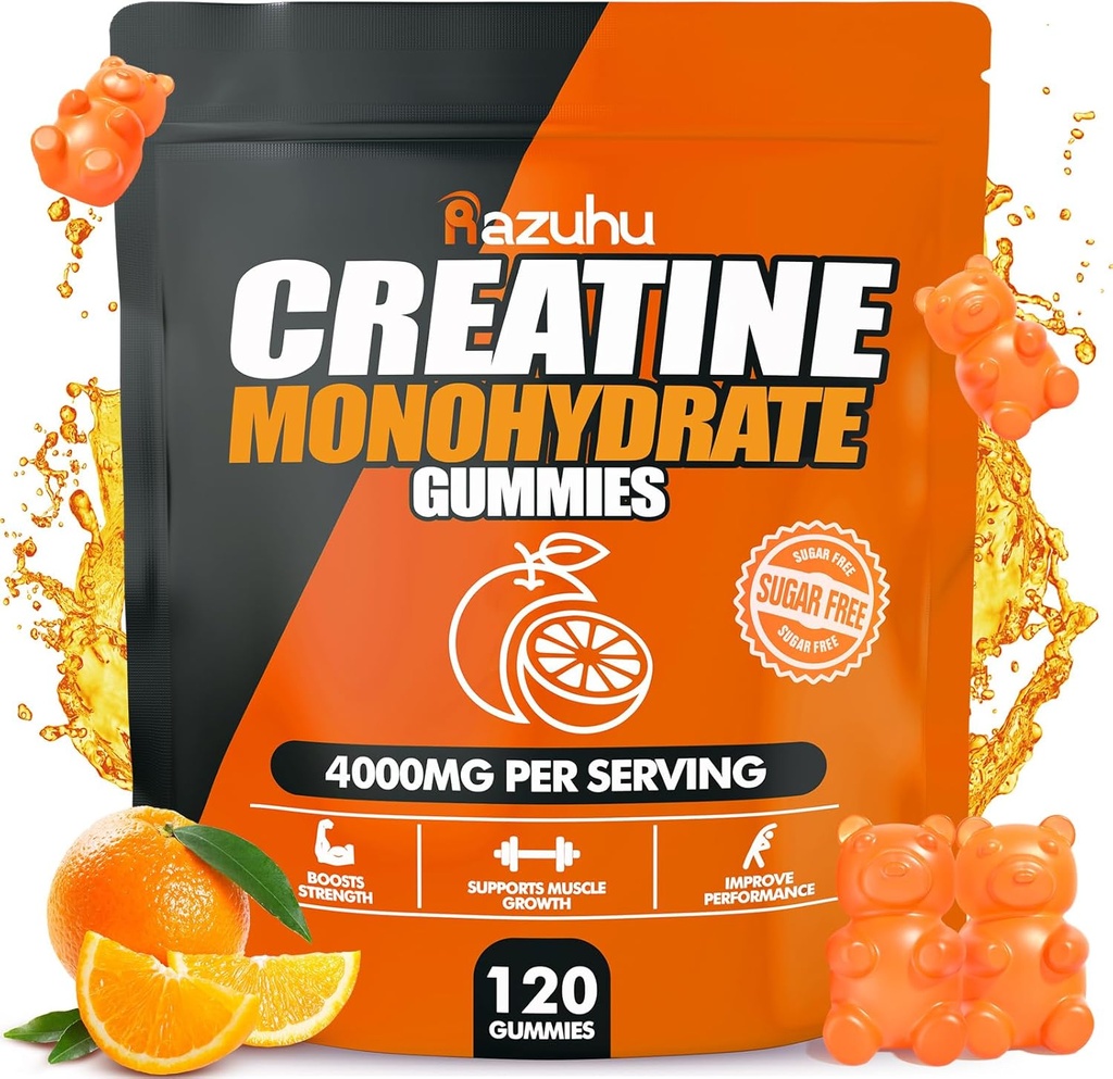 Monohydrát kreatínu Gummy pre mužov a ženy, 4g monohydrátu kreatínu na porciu pre maximálnu silu, výkon, bez cukru, Vegan, doplnok pred cvičením (120 počet)-Orange