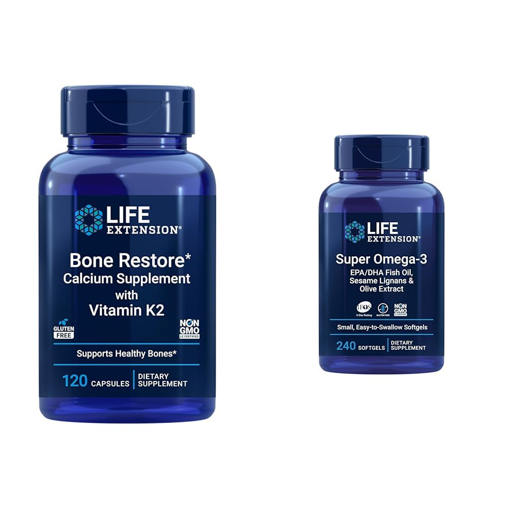 Extension Bone Restore + Vitamín K2 Vitamíny a minerály Udržujte zdravie a silu kostí & Super Omega-3 EPA/DHA rybí olej, sezamové lignány a olivový extrakt