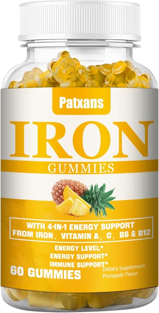 1 Pack 100MG Iron Supplement Gummies for Women & Men - with Vitamin A, C, B - Energy Support for Iron Deficiency, Anemia, Adults ＆ Children, Pineapple Flavor Gummy, 60ct.