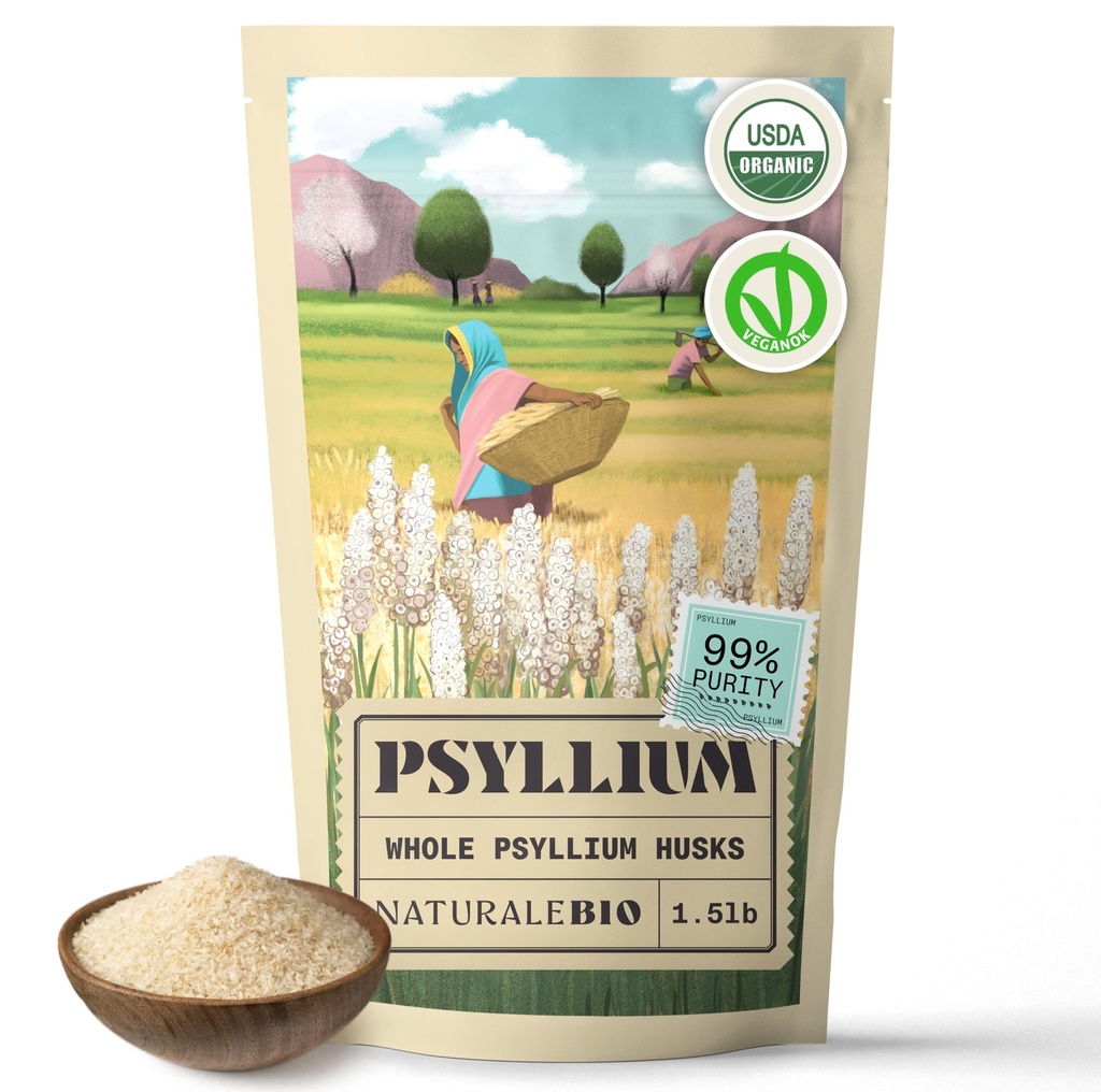 NaturaleBio Celo Psyllium Husk. 1,5lbs. 99% Pure Psyllium Seed Huks. Prírodné vlákno doplnok. USDA Organic Certified. Vyrobené v Indii. Bez lepku, Keto, Paleo, Vegan Diets. Probiotiká