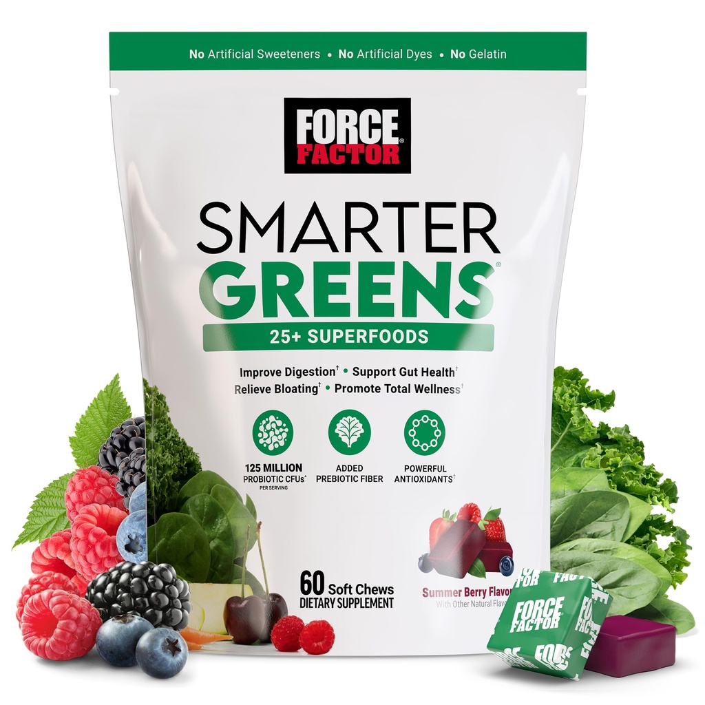 FORCE FACTOR Smart Greens Superfood Chews, Greens a Superfoods s probiotikami, Antioxidanty, a Fiber, Zelený doplnok na podporu trávenia, oxidu dusnatého a energie, 60 mäkké žuvačky