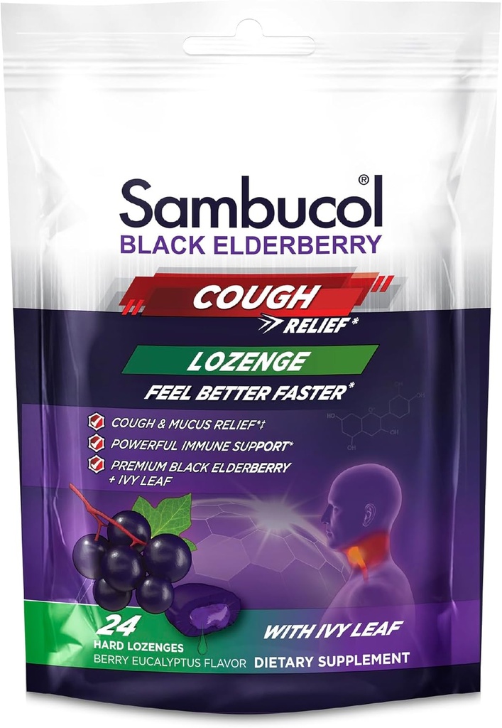 Sambucol Black Elderberry Cough Relief Lozenges - Kašeľ kvapky pre dospelých, Sambucus Elderberry Lozenges, s Ivy Leaf, Kašeľ a Mucus Relief, Immune Support, Berry Eucalyptus - 24 Počet, 3 Balenie
