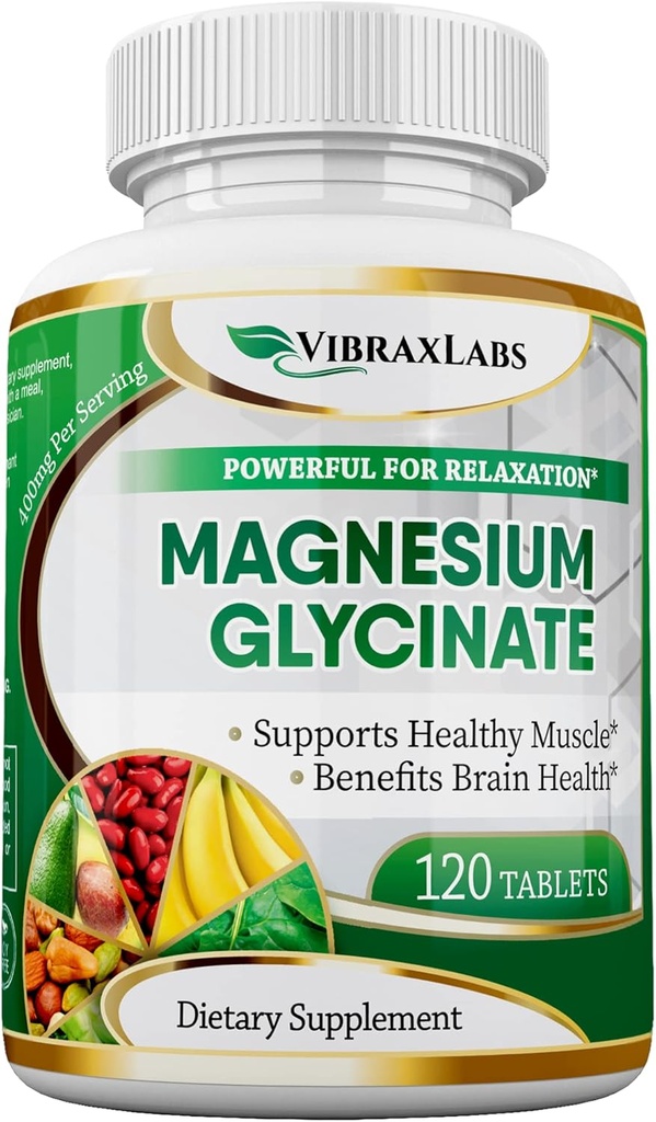 VibraxLabs Magnesium Glycinate Supplement, 400mg, for Men & Women, for Stress, Energy, Muscle Cramps, Joint Support, Chelated, High-Absorption, Non-Laxative, Gluten-Free