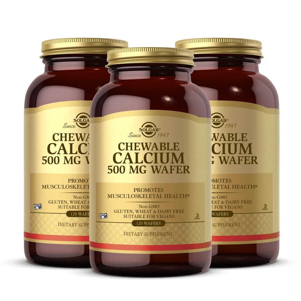 Solgar Chewable Calcium 500 mg - 120 Wafers, balenie po 3 - Podporuje muskuloskeletálne zdravie - non-GMO, Vegan, Gluten, pšenica a mlieko zadarmo, Kosher - 180 celkové služby