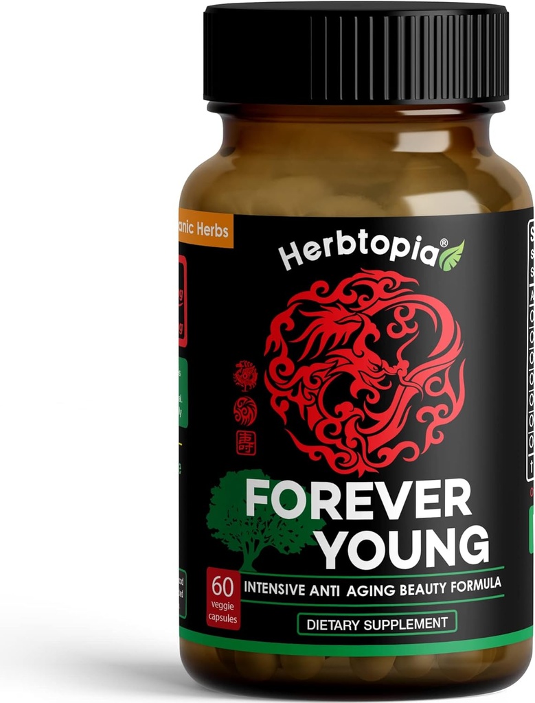 Forever Young Longevity Supplement for Imunity, Anti Gray Hair, Telomere Predĺženie & Happy Mood w/Ginseng, Astragalus, Lions Mane, Reishi Mushrom, Codonopsise