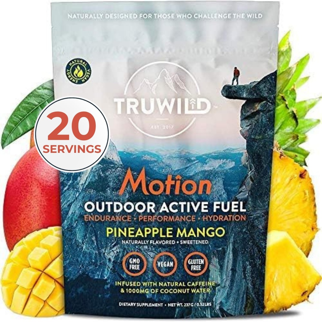 TruWild Motion All Natural Pre Workout Powder Drink Mix pre mužov a ženy bez nervov alebo krachu, celý potravinársky závod na báze Vegan, Organic with Electrolytes + BioPrine, 20 Servings (Pineapple Mango)