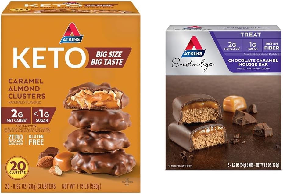 Atkins Caramel Almond Clusters, Gluten Free, High in Fiber, 1g Sugar, 2g Net Carb, Keto Friendly, 20 gróf a Endurge Chocolate Caramel Mousse Bar, Dessert Favorite, 1g Sugar, High in Fiber, 5 gróf