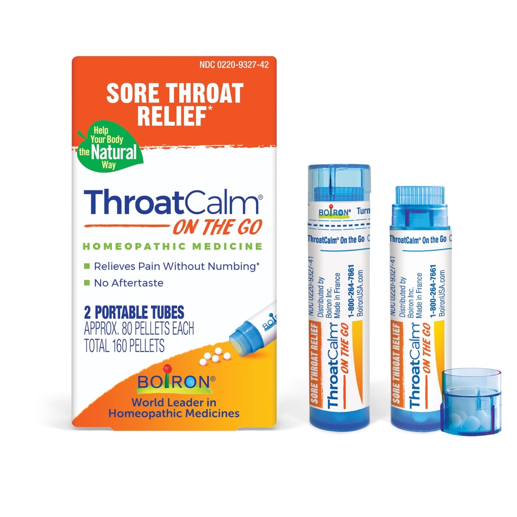Boiron ThroatCalm on The Go Travel Essential for Relief of Sore Throat, alebo Scratchy, Red alebo Suché Hrdlo, a charseness - 2 gróf (160 Pellets)