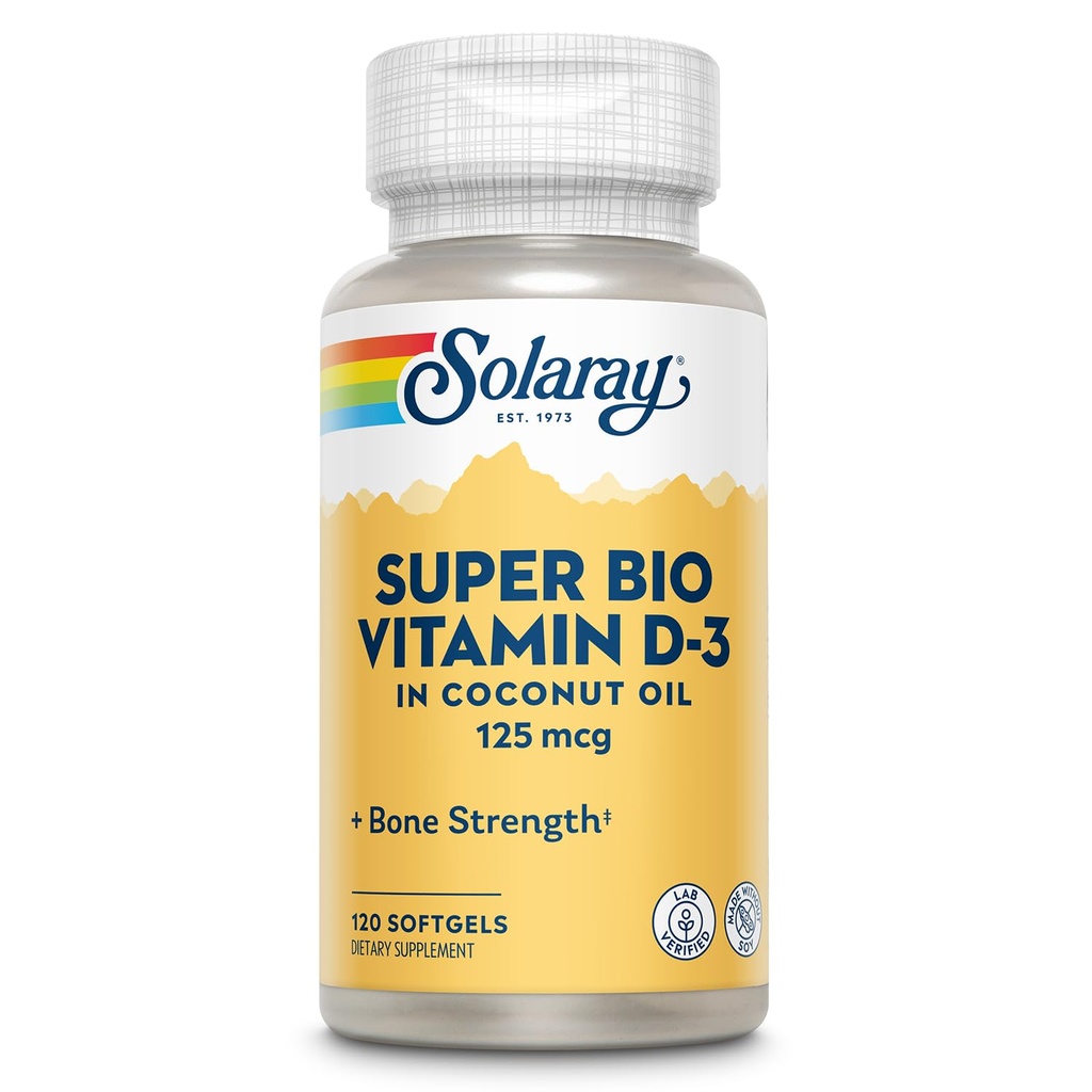 SOLARAY Super Bio Vitamín D3 v kokosovom oleji - D3 Vitamín 5000 IU - Bone Health and Immune Suplement - Lab Overené, Vyrobené Wtihout Soy, 60-Day Guarantee - 120 Softgels, 120 Servings