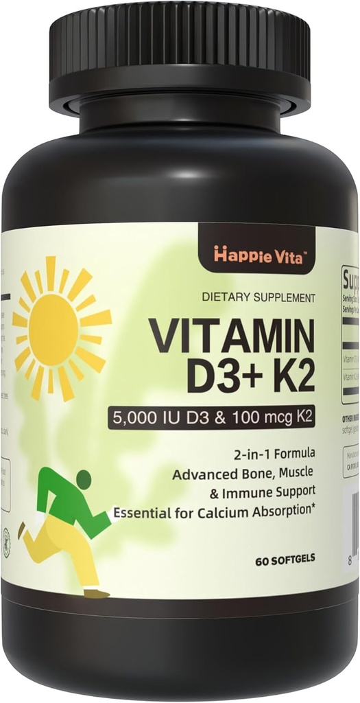 Vitamín D3 K2, vitamín D3 5000 IU (125 μg) + vitamín K2 100 μg, 2 v 1 D3 a K2 doplnky pre kosti, zuby, svaly a imunitné zdravie, 60 softgelov