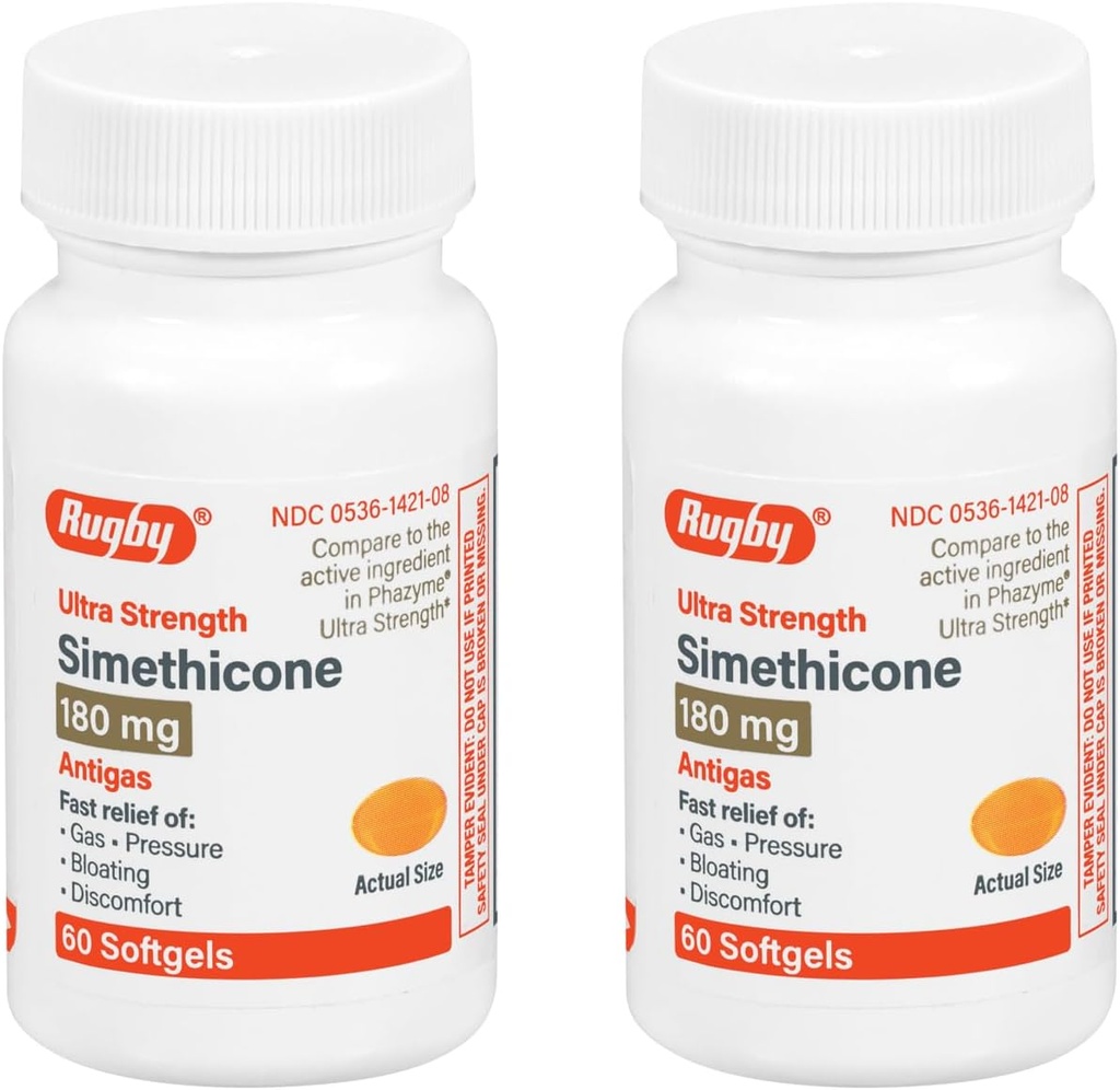 Rugby Ultra Strength Simeticone Gas Relief 180 mg - Maximum Gas Relief for Adults - May Help with Symps of Flatulency, Bloating, Gas Fullness - 60 Softgels (2 pack)