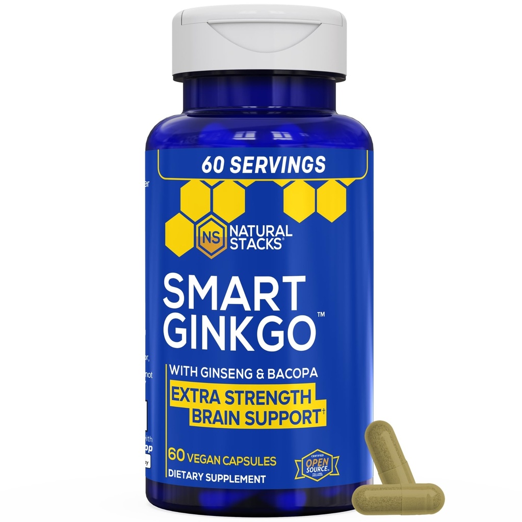 PRÍRODNÉ STACKS Ginkgo Biloba Supplement with 200mg Panax Ginseng & 200mg Bacopa Monnieri - Brain Supplements for Memory and Focus - Korean Ginseng for Brain Health Support - 60 Ginkgo Biloba Kapsule
