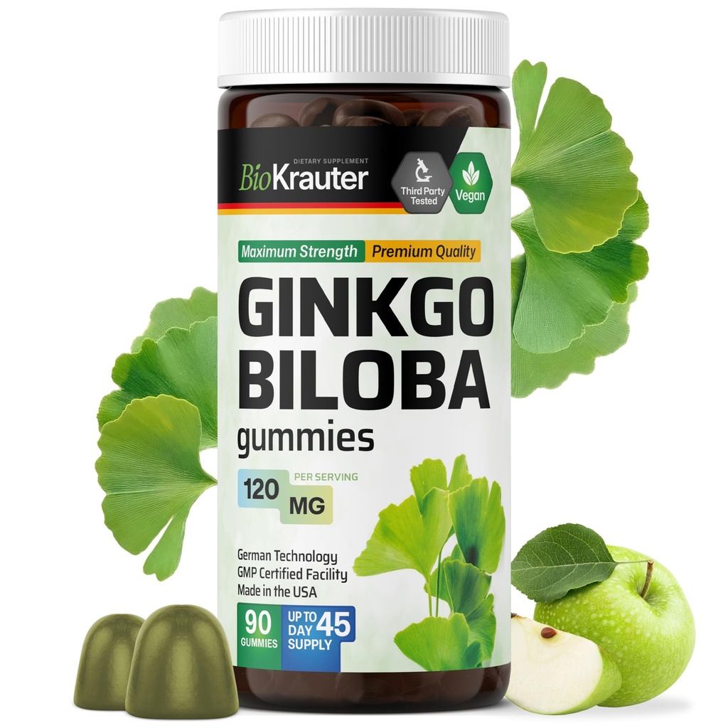 BIO KRAUTER Ginkgo Biloba Gummies - 90 Vegan Chews - Ginkgo Biloba Doplnky pre podporu mozgu - 120 mg Štandardizovaný extrakt - Pectin-Based Formula