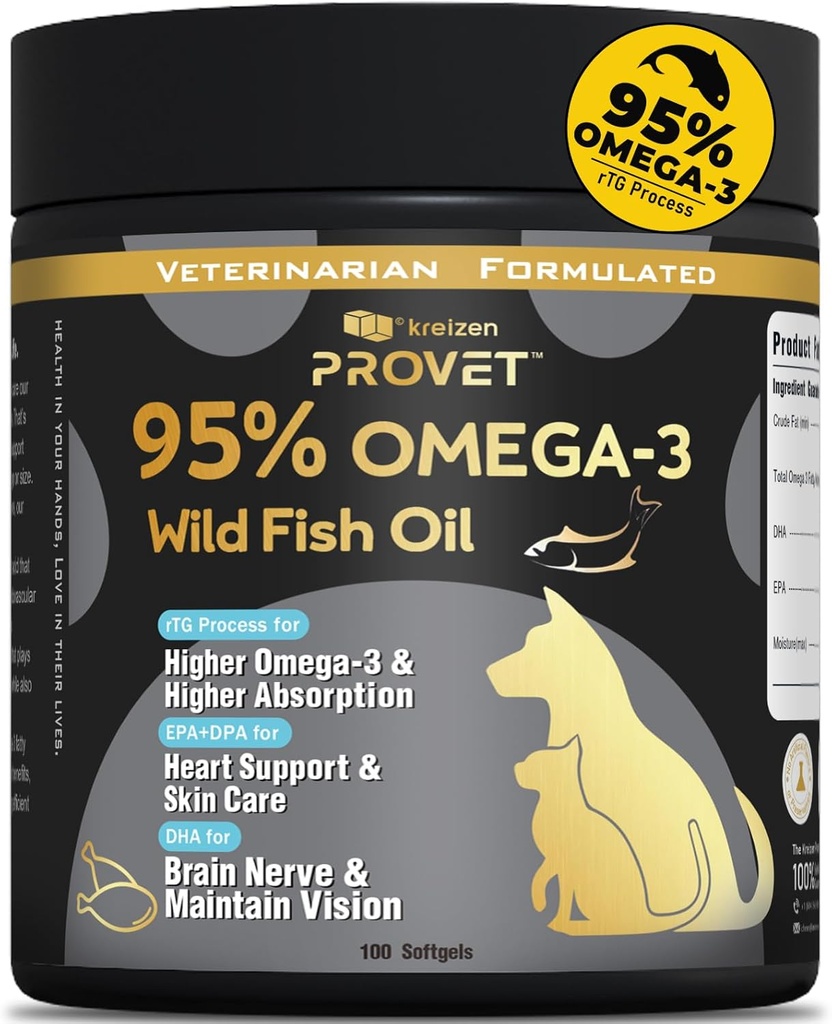 95% omega 3 rybí olej pre psy a mačky, vet-formulovaný s RTG Spracovaný lososový olej, maximálne EPA & DHA, podporuje srdce, koža, kabát, kĺb, srdce a imunitný zdravie, 100 mäkké gély