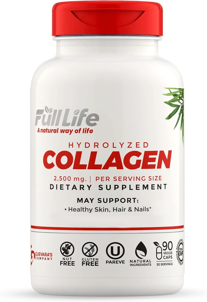 Full Life Hydrolyzed Collagen Supplements - Bovine Collagen Pills for Women and Men - Kosher Collagen Capsules, Gluten-Free - 90 Veggie Capsules 2,500mg