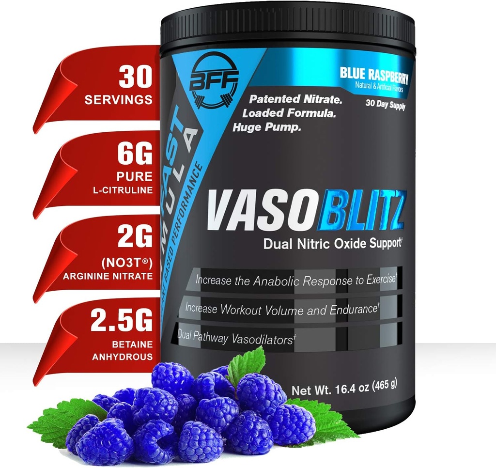 VASOBLTZ Award Výhra Dual Nitric Oxide Pre Cvičenie s NO3T Arginín Nitrate,L-Citrulín,Betaine Anhydrous,Calcium Lactate,Caffeine Free for Muscalar Endurance [30 Serving) (Modrá malina)