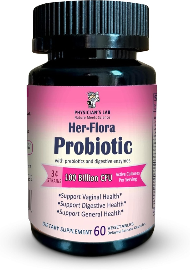 Lekári Lab Her-Flora Ženy Probiotické 100 miliárd CFU na kapsule, non-GMO, 34 Kmene, s Prebiotiká a tráviace enzýmy, Gut & Vaginal Health, H.Pylori Support, 60 Veg Caps,2-Mesiac dodávky!