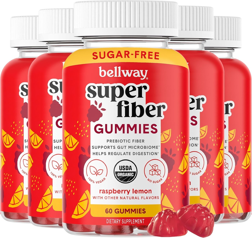 Bellway Super Fiber Gummies pre dospelých (5 balenia) - Bezcukrové organické Fiber Supplement Gummies s 4g Fiber per Serving - Prebiotické cigary Root Fiber pre zdravie Gut, Malinová citrón, 300 Počet