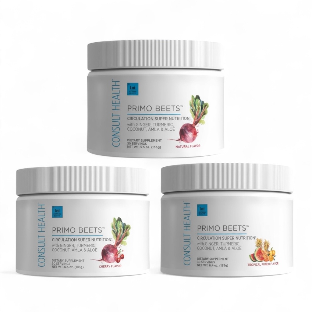 Consult Health Primo Repets Repeet Root Powder Drink Mix s nitrátmi, Denná podpora cirkulácie s zázvorom a kurkumou, 3 Balíčky príchute, Čerešne, čučoriedky a jahody Lemonade 6.5 oz Každý