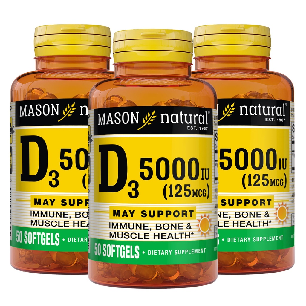 MASSON NATURAL Vitamin D3 125 mcg (5 000 IU) - podporuje celkové zdravie, posilňuje kosti a svaly, z rybieho pečeňového oleja, 50 mäkkých (pack of 3)