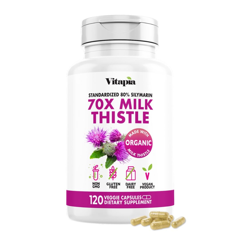 Vitapia Organic Milk Thistle Extract 70:1 Supplement - Pečeň Clean Detox & Repair, Pečeň Zdravie Podpora, Antioxidanty - 120 Vegan Kapsule, Non GMO, Gluten Free