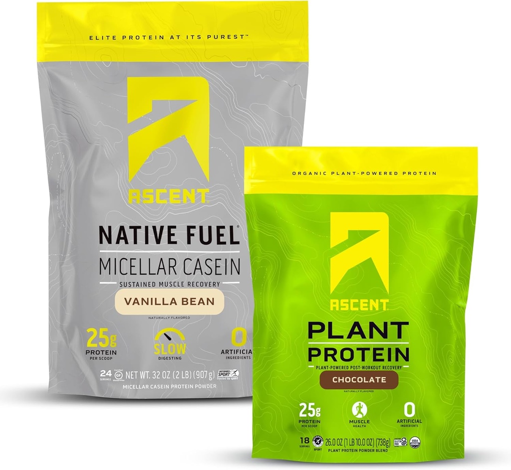 Ascent Casein Protein Powder Vanilla Bean 2 lb & Plant Protein Powder Čokoláda 18 Servis