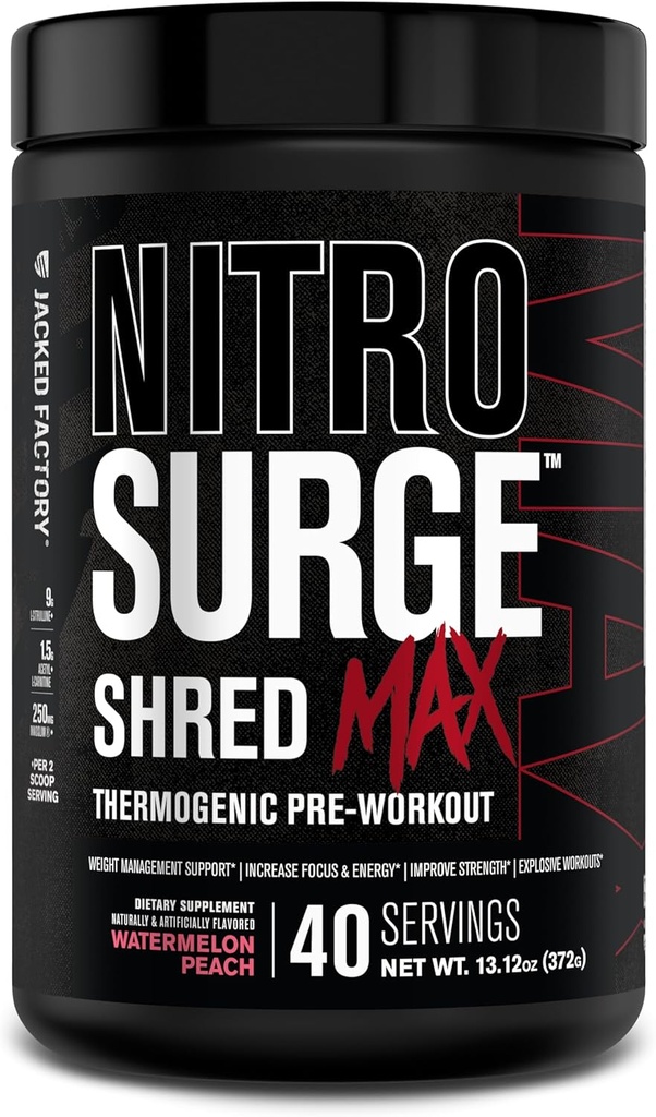 Jacked Factory Nitrosurge Shred Max Preworkout - High-Performance Thermogenic Pre Cvičenie Powder pre mužov a ženy - L Citrulín, Acetyl L Karnitín, Organic Caffeine - 40 Servings, Watermelon Peach