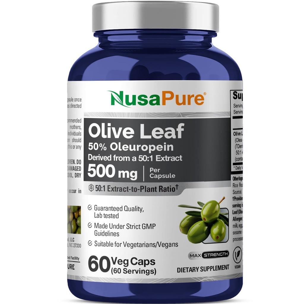 NusaPure Olive Leaf 50:1 Extract, 500 mg Ekvivalent s 25,000mg - 50% Oleuropein Vegan/Vegetarián - Super sila bez oleja 60 Kapsule
