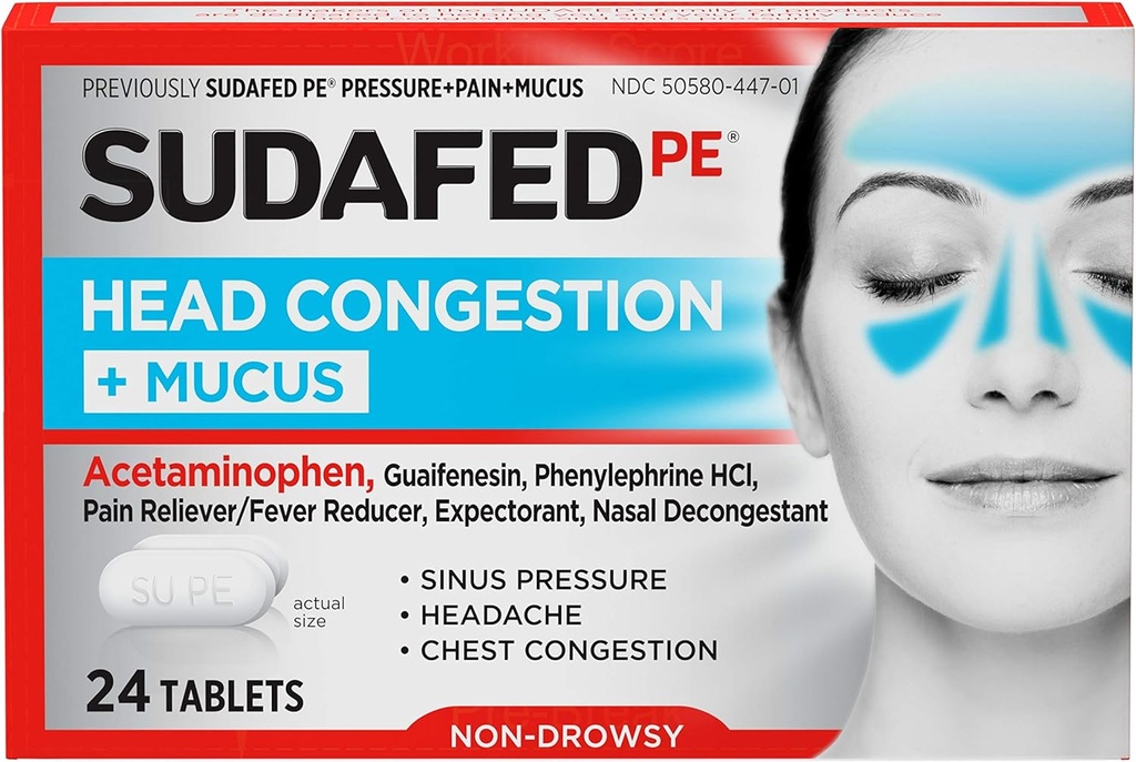 Sudafed PE Head Congestion + Muscus Tablety na sínusový tlak, bolesť a kongesciu, 24 ot