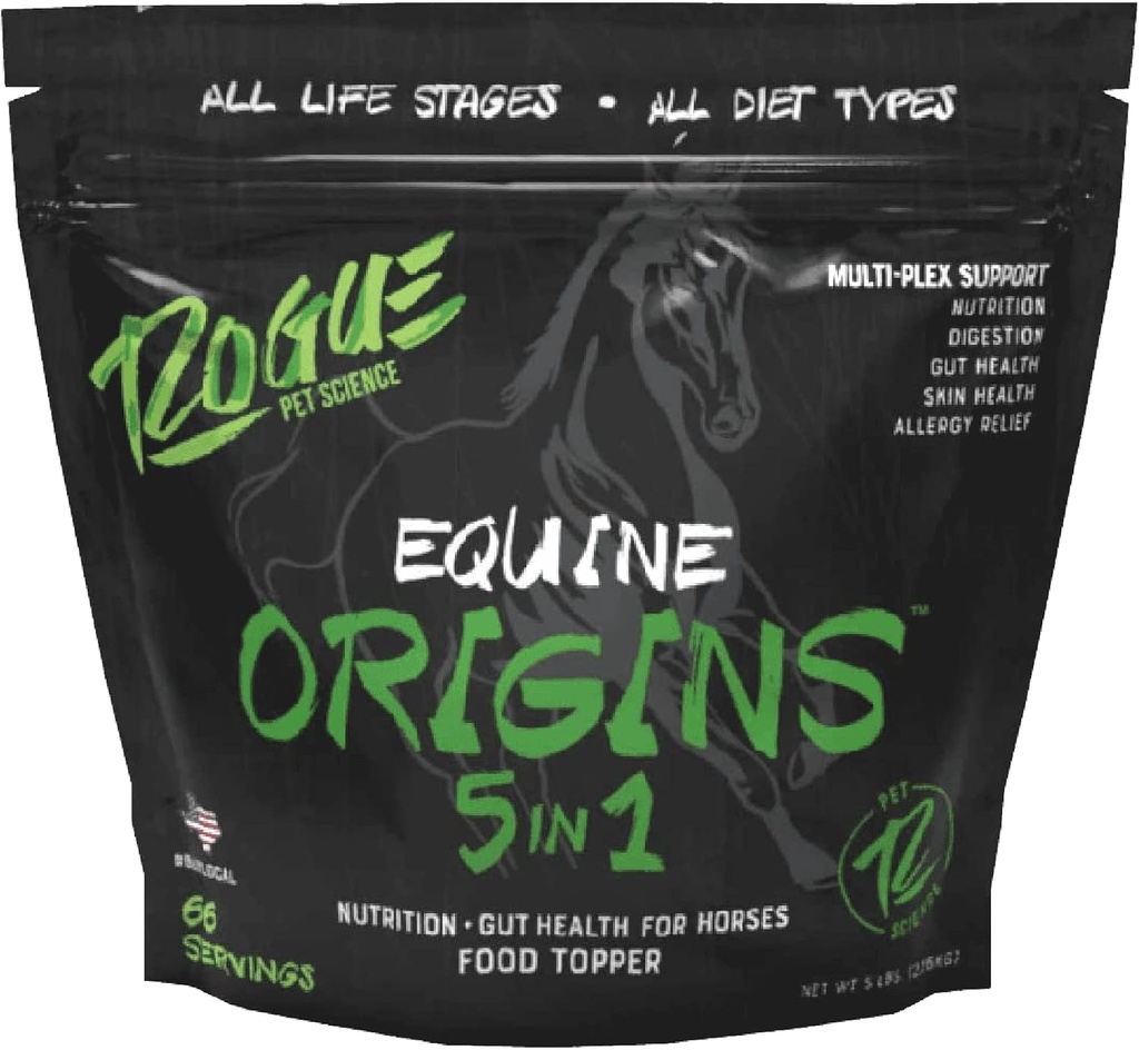 ROGUE PET SCIENCE Origins 5-in-1 Horse Supplement - Pelleted Equine Food Topper w/Natural Omega 3 Fish Oil - Podporuje zdravie Gut, Ulcer Relief & Joints-Helps Alergie, Skin and Coat Health (5 lbs)