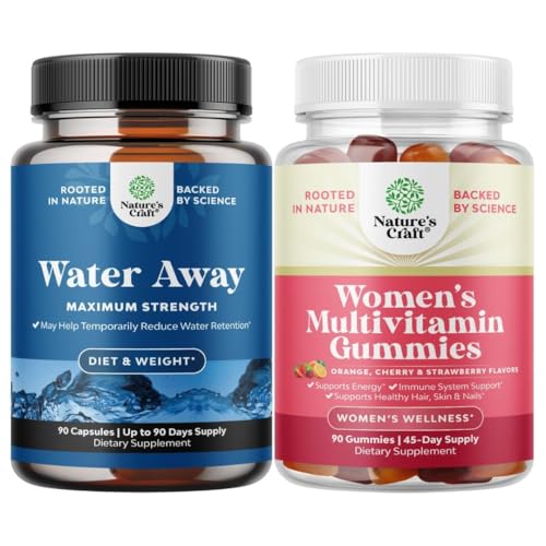 Bundle of Water Away Pills - Fluid Retention Supplement with Dandelion Leaf Extract for Bloating Relief - Kapsule od Noha & nohy Opuch a Dámske multivitamínové Gummy pre dospelých Energia a imunita