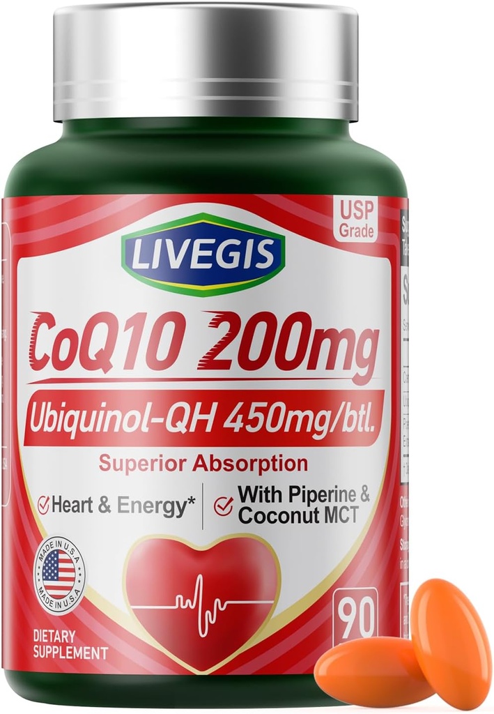 CoQ10 200mg Softgels, Ultra CoQ10 Ubichinón 200mgWith Coconut MCT Oil, 5X Superior Absorbtion, Coenzým Q10 Supplement for Heart Health & Energy - 90 counts