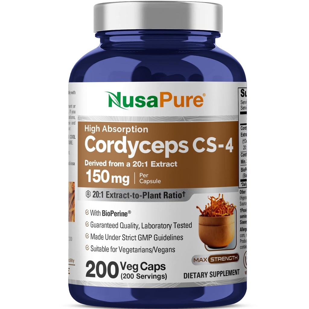 NusaPure Cordyceps 20:1 Extract, 150 mg Equivalent to 3 000mg 200 Veggie Capsules (Sinensis CS-4, Non-GMO, Vegan) Bioperine